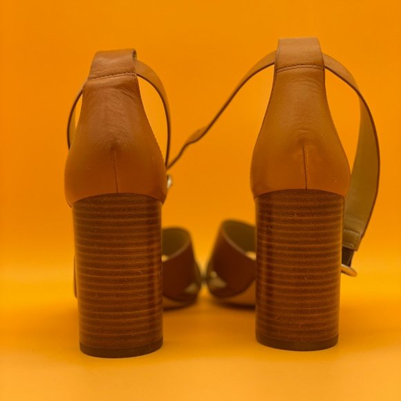 Ann Taylor ankle strap cross front heels sandals Sz 7 caramel beige neutral - Picture 6 of 6